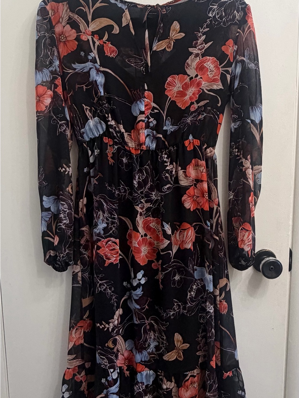 Who What Wear Black Floral Long-Sleeve Midi Dress with Red orange & Blue Blooms